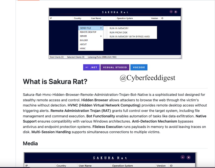 cyberfeeddigest's tweet image. A GitHub repo introduced &quot;#SakuraRAT&quot; with HVNC, hidden browser, RAT features, anti-detection, fileless execution &amp;amp; multi-session handling. Handle with caution — useful only for #Malware analysts. 

Defanged URL:
hxxps://github[.]com/TheDarkMythos/Sakura-Rat-HVNC