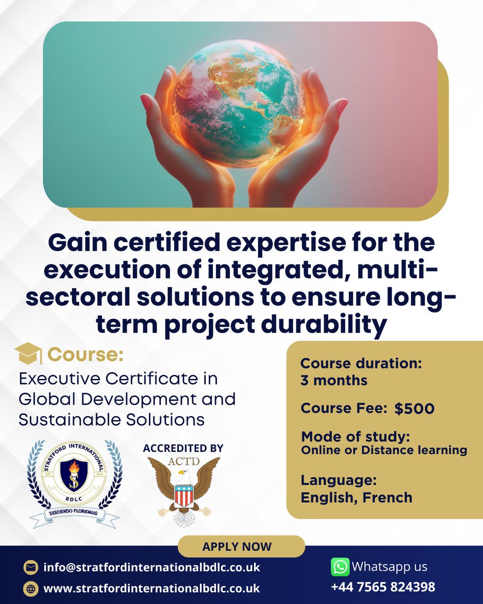 Stratfordbdlc's tweet image. Master the frameworks to design integrated solutions that successfully blend climate resilience, economic growth, and social equity to achieve the SDGs.

Enroll now!
📩 Email: info@stratfordinternationalbdlc.co.uk
💻 Website: stratfordinternationalbdlc.co.uk

#Globaldevelopment…