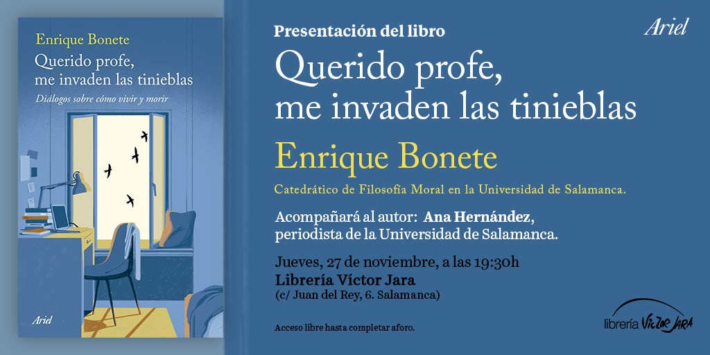 🎙️Presentación de 'Querido profe, me invaden las tinieblas', de Enrique Bonete, en Salamanca Un testimonio epistolar basado en una historia real que consuela y nos recuerda que filosofar es otra forma de amar. Hoy a las 19.30h en <a href="/LVictorJara/">Librería Víctor Jara</a>⬇️⬇️ planetadelibros.com/libro-querido-…