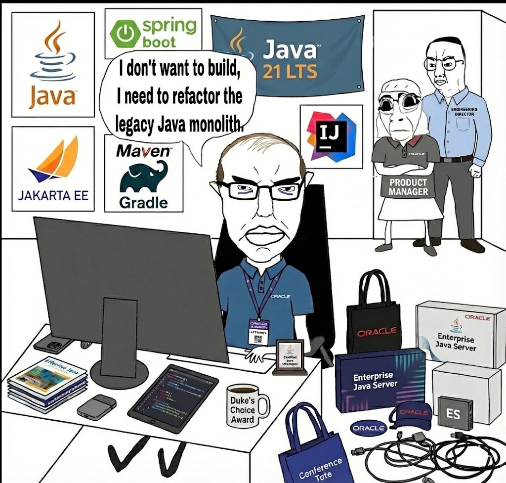 Saquib0509's tweet image. Java developer starter pack: 90% refactor, 10% therapy

#Java #javaee