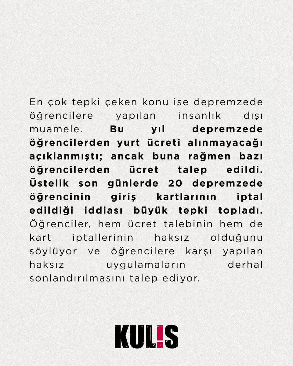 Ege Üniversitesi öğrencileri resmen YURTSUZ bırakılıyor.
Öğrenci Köyü’nün özel işletmeye devriyle birlikte 0 yurt, fahiş fiyat, keyfi kurallar.
En büyük utanç ise depremzedelere yapılan muamele: