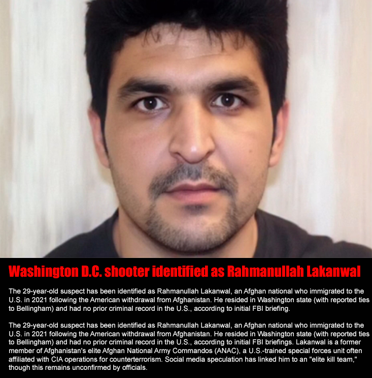 DailyD1ss1dent's tweet image. #Washington D.C. shooter identified as Rahmanullah #Lakanwal

The 29-year-old suspect has been identified as #RahmanullahLakanwal, an Afghan national who immigrated to the U.S. in 2021 following the American withdrawal from Afghanistan. 

#BreakingNews #WashingtonDC #USA #USNews