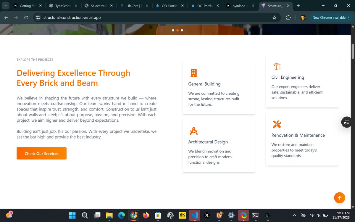 OyinWebX's tweet image. One of my earlier works — a fully responsive construction website.
If your business needs a modern website, I’m available for projects.
live_link : structural-construction.vercel.app
#constructionwebsites #WebDevelopment #TechFamily
