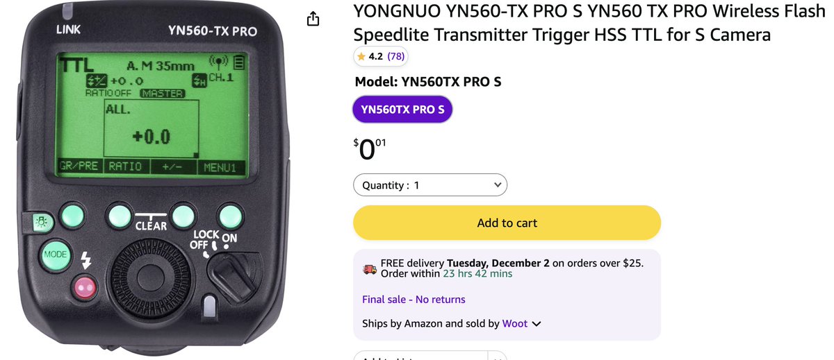 Pricerrors's tweet image. AMAZON PRICE GLITCH - $0.01 ITEM 

1 CENT SPEEDLITE TRANSMITTER 

amzn.to/4pxJTJ7