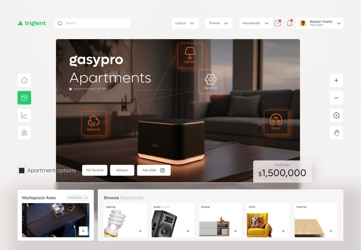 Thalitht's tweet image. Triglent - Smart Home Dashboard UI/UX Design

#UIUXDesigner #UIUX #Webpage @landingpage
 #SmartHome  #dashboard #TTGMONTAGE #ttg