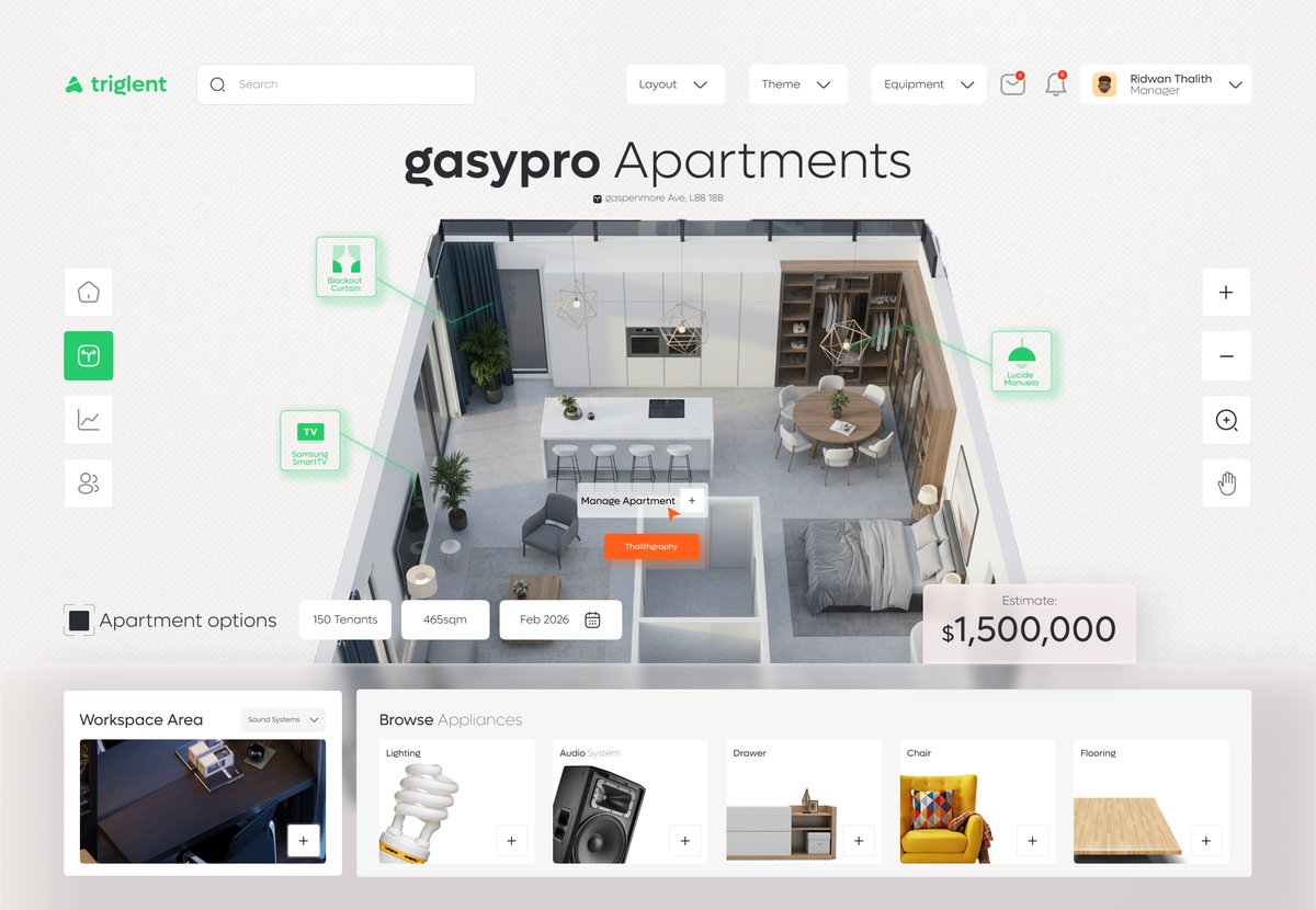 Thalitht's tweet image. Triglent - Smart Home Dashboard UI/UX Design

#UIUXDesigner #UIUX #Webpage @landingpage
 #SmartHome  #dashboard #TTGMONTAGE #ttg