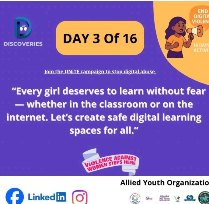 rest26227's tweet photo. On Day 3 of #16DaysOfActivism 🚀,
Gyw from @GYWVoiceBugiri nentored by @mucobadi encourage you to push for safe digital learning spaces for ALL girls! 💡 Every girl deserves fear-free learning - in school or online! 🌟 Join #UNITE to #EndDigitalViolence 💻❤️ #Pooledgrants https://t.co/8hJat65R5a