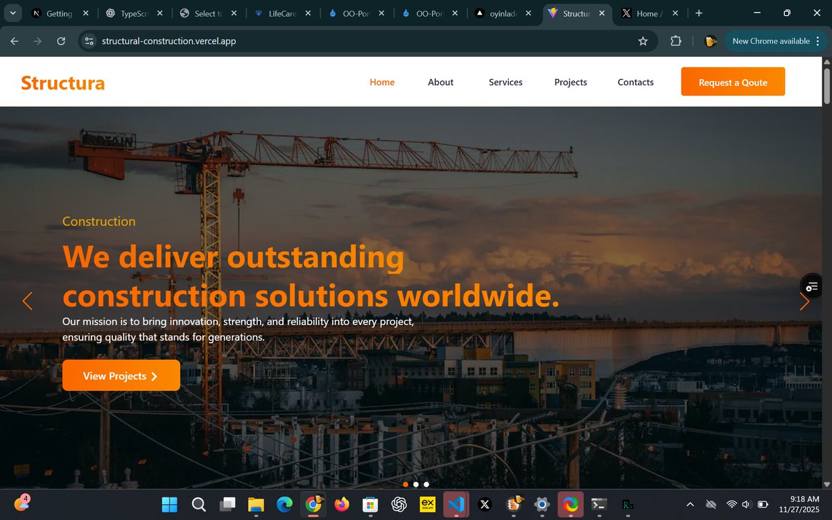 OyinWebX's tweet image. The hero section on my construction website still hits 🔥
Crisp layout, smooth spacing, and a strong headline.
I love building sections that grab attention immediately.
#FrontendDeveloper #WebDesign
