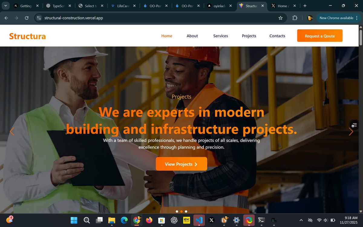 OyinWebX's tweet image. The hero section on my construction website still hits 🔥
Crisp layout, smooth spacing, and a strong headline.
I love building sections that grab attention immediately.
#FrontendDeveloper #WebDesign