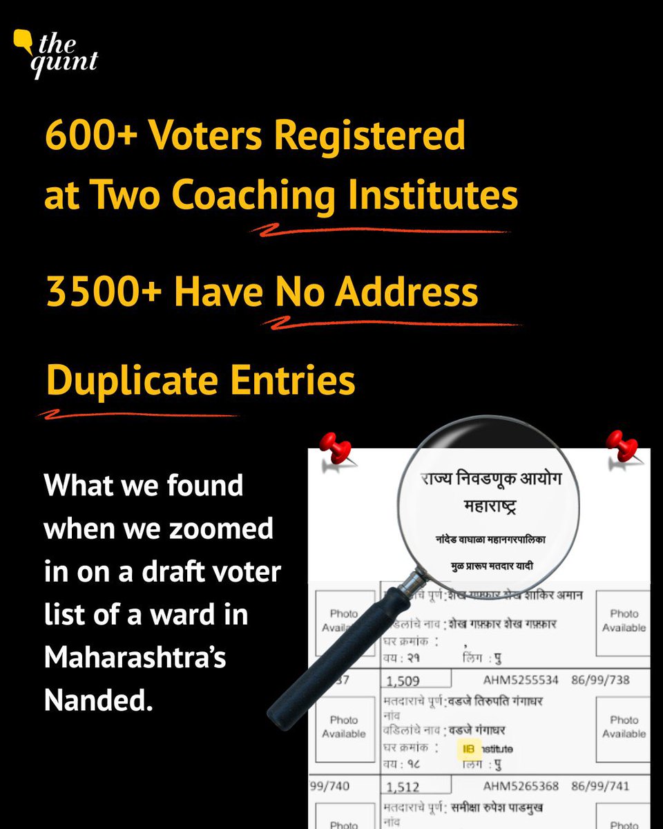 RuchiraC's tweet image. Local Body polls are due in Maharashtra. 

An investigation by the @TheQuint, has found irregularities in voter list in a ward in Nanded.

Duplicate entries, fake addresses, addresses marked as “not applicable”.

Yet another VOTE CHORI being planned. 

But EC will remain SILENT!