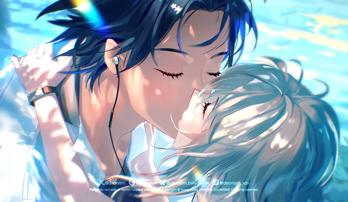 Daonism's tweet photo. 2025.07.09 #OC #Illust 
7월 테마로 그렸던 아가들. 
공부하라고 학교 보내놨더니, 연애나 하고 말야!(?) 얘들 첫뽀뽀래요 얼레리 꼴레리~😳 
너무 더워서 안더워보이게 퍼렇게 퍼렇게 빼보았다지요~
아 파란음료 그렸던 걸 보니 마시구 싶다...😗 

조금만 기다려주시면 타임렙스 영상도 올라옵니다! https://t.co/g5gKqwSpW7