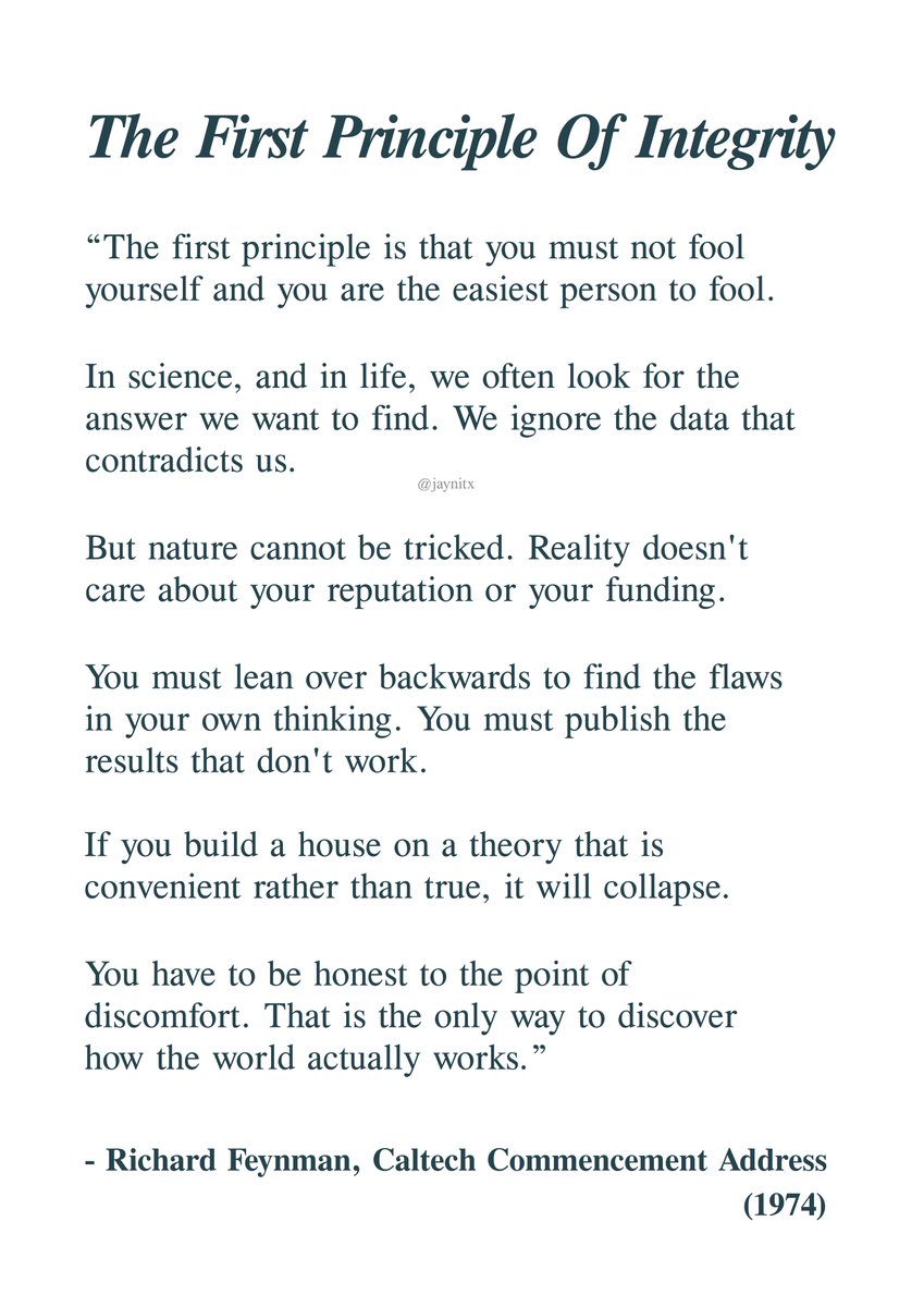 jaynitx's tweet image. Richard Feynman literally explained why smart people fail first: