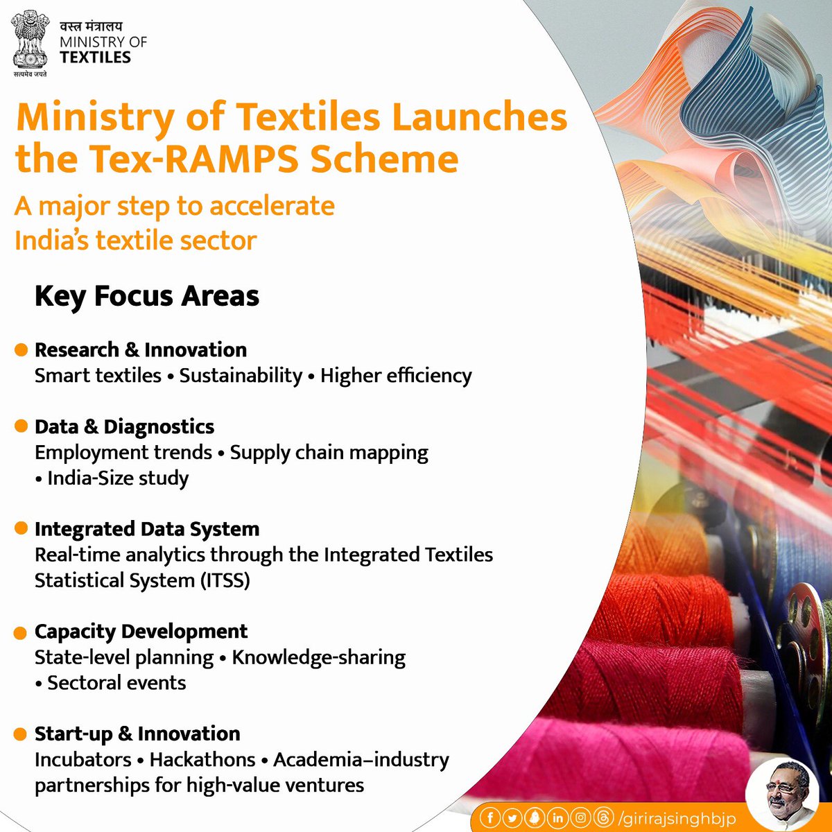 girirajsinghbjp's tweet image. Under the visionary leadership of the Hon’ble Prime Minister, the @TexMinIndia is launching the Tex-RAMPS Scheme today to further strengthen India’s textile sector. Tex-RAMPS is designed to future-proof India’s textiles and apparel sector by addressing critical gaps in research,…