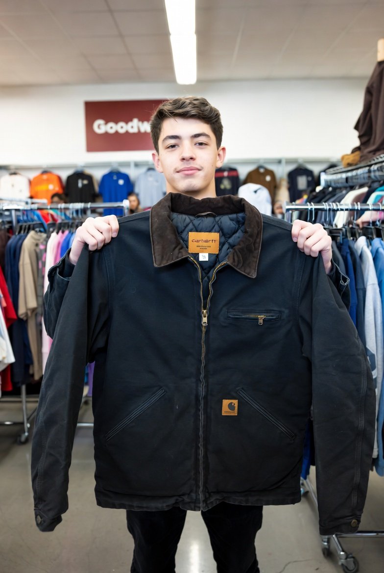 fopminui's tweet image. &quot;It started as a men&apos;s size large, navy blue work jacket. Carhartt. Heavy canvas. The kind that lasts forever.

Stop One- Newark, January

James bought it at Goodwill for $8. Wore it to his construction job for three months until he got his first real paycheck. Then he bought a…