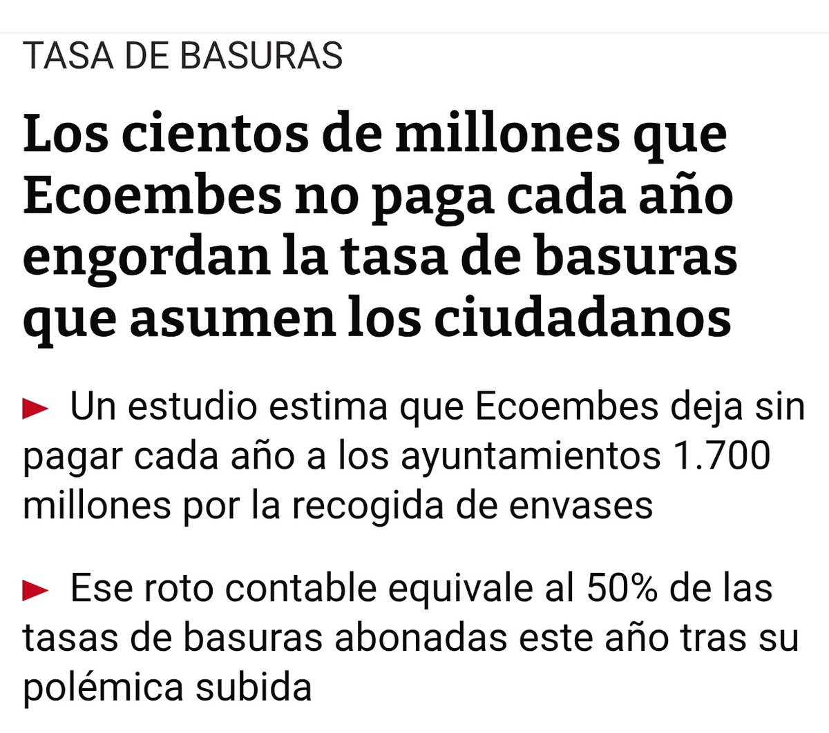 La gran estafa del reciclatge.

1️⃣ On van els 1.700M€?.

2️⃣ ECOEMBES, un altre cau de polítics en hores baixes.

3️⃣ Algun ajuntament ho reclama?. O ja els hi està bé?.
