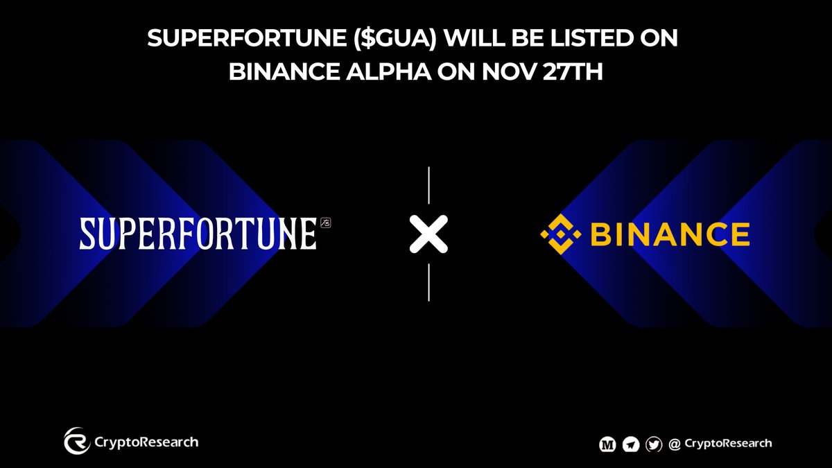 CryptoRResearch's tweet image. 🚀 SUPERFORTUNE ($GUA) WILL BE LISTED ON BINANCE ALPHA ON NOV 27TH

Big news! @SUPERFORTUNE888  is officially joining forces with @Binance 🔥
A major step forward for the project and a huge opportunity for #investors

What are you most excited about for this listing? 🤔💬