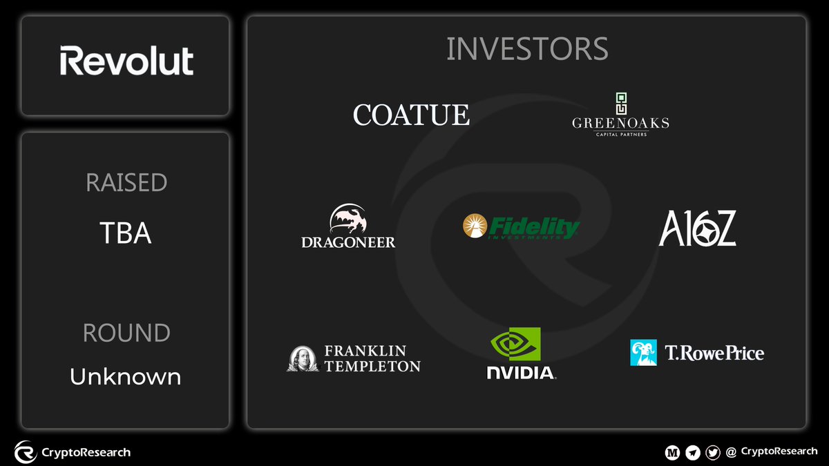 CryptoRResearch's tweet image. ✨ @Revolut — INVESTORS

🚀 Big players are backing @Revolut !
Here’s a quick look at some powerhouse investors supporting the project:
#Coatue 
#Greenoaks 
#Dragoneer 
#Fidelity 
#A16Z 
#FranklinTempleton 
#Nvidia 
#TRowePrice

👇 Which investor do you think brings the biggest…
