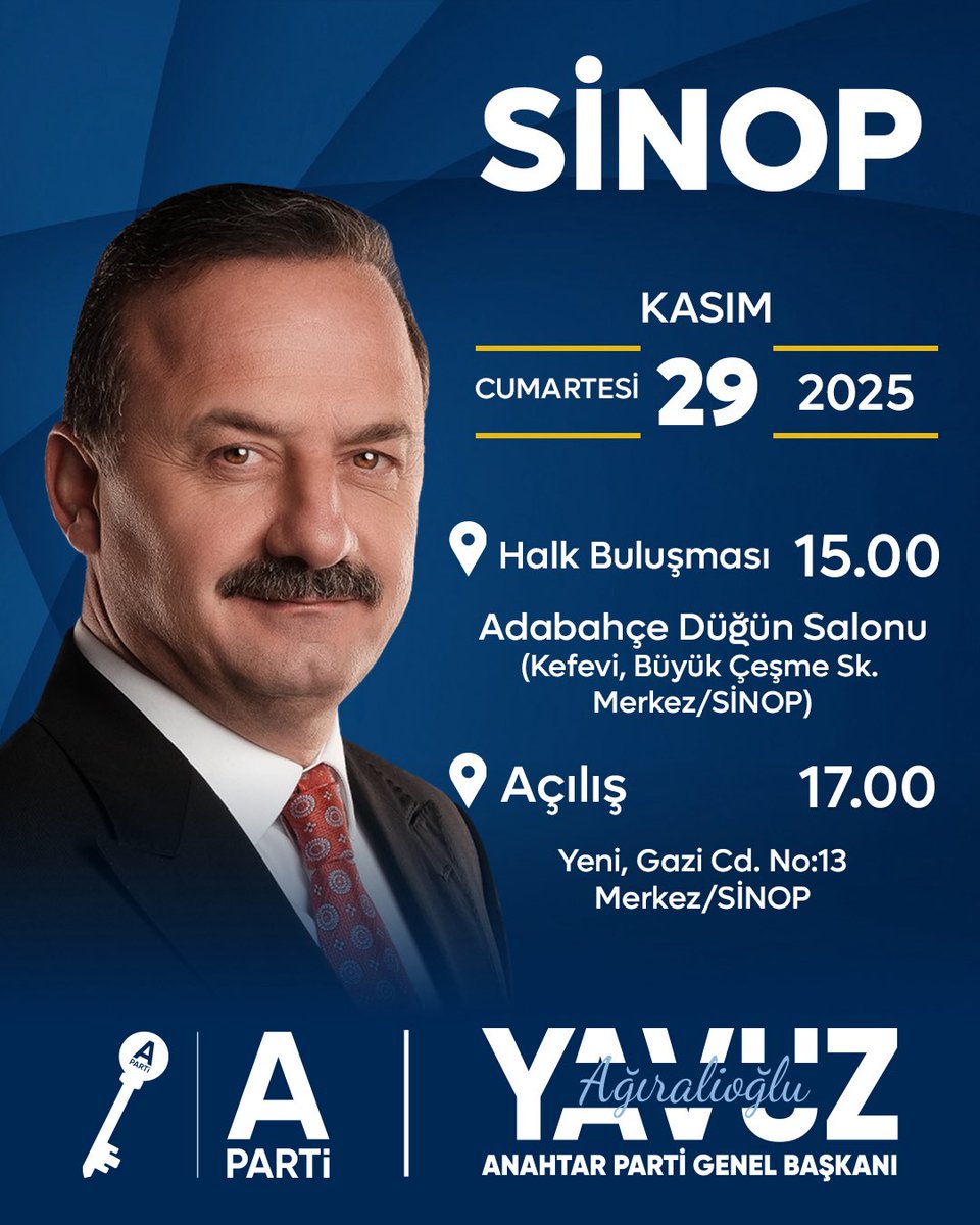 Sinop Halk Buluşmamız ve İl Binamızın açılışı, Genel Başkanımız Sayın Yavuz Ağıralioğlu’nun katılımlarıyla, 29 Kasım Cumartesi günü gerçekleştirilecektir. Tüm halkımızı “Ev Sahibi” olarak bekliyoruz.
