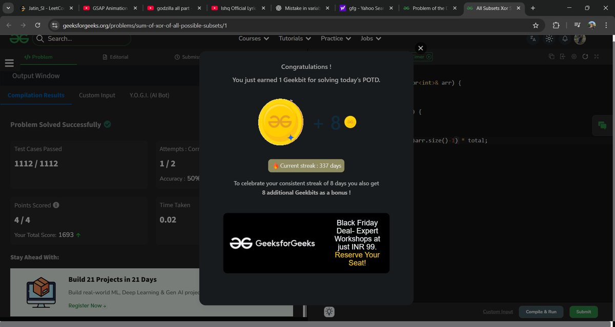 Jatin_lifo82's tweet image. 🌟Day 330 👨‍💻. 
Solve @geeksforgeeks || @LeetCode 
POTD Cpp⚡
Question LC. 3381. Maximum Subarray Sum With Length Divisible by K Medium ✅. 
Question GFG. All Subsets Xor Sum  Medium ✅. 
#geeksforgeeks #leetcode #DSA #POTD 
@LeetCode @geeksforgeeks #CPP25 #CodingChallenge
