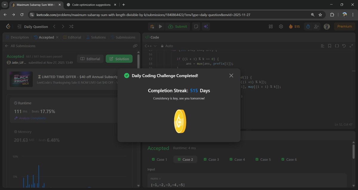 Jatin_lifo82's tweet image. 🌟Day 330 👨‍💻. 
Solve @geeksforgeeks || @LeetCode 
POTD Cpp⚡
Question LC. 3381. Maximum Subarray Sum With Length Divisible by K Medium ✅. 
Question GFG. All Subsets Xor Sum  Medium ✅. 
#geeksforgeeks #leetcode #DSA #POTD 
@LeetCode @geeksforgeeks #CPP25 #CodingChallenge