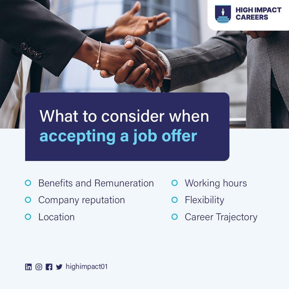 HighImpact01's tweet image. As happy as an offer of employment can make you feel, do not overlook the terms of employment. These terms affect your productivity and well being on the job.
#RecruitmentThursday #HighImpactCareers