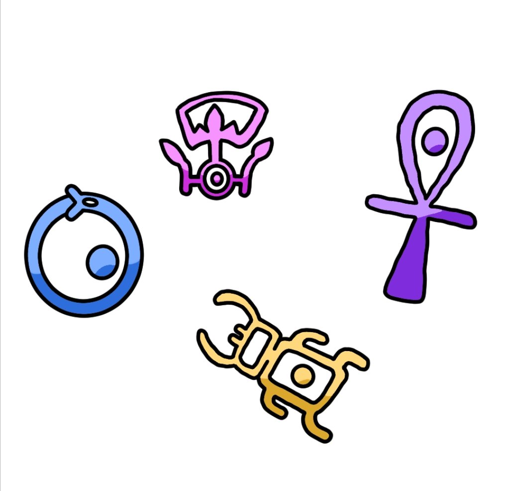 Mister61511's tweet photo. Here is Ancient-Text Unown
"These ancient Pokémon are said to resemble text from older times. Some of them had gone extinct except for these four specific ones."
(Based on the hieroglyphs ajet, lotus, scarab, ouroboros)
#DeviantPokemon #Pokemon #fakemon https://t.co/BwhwImMqKL