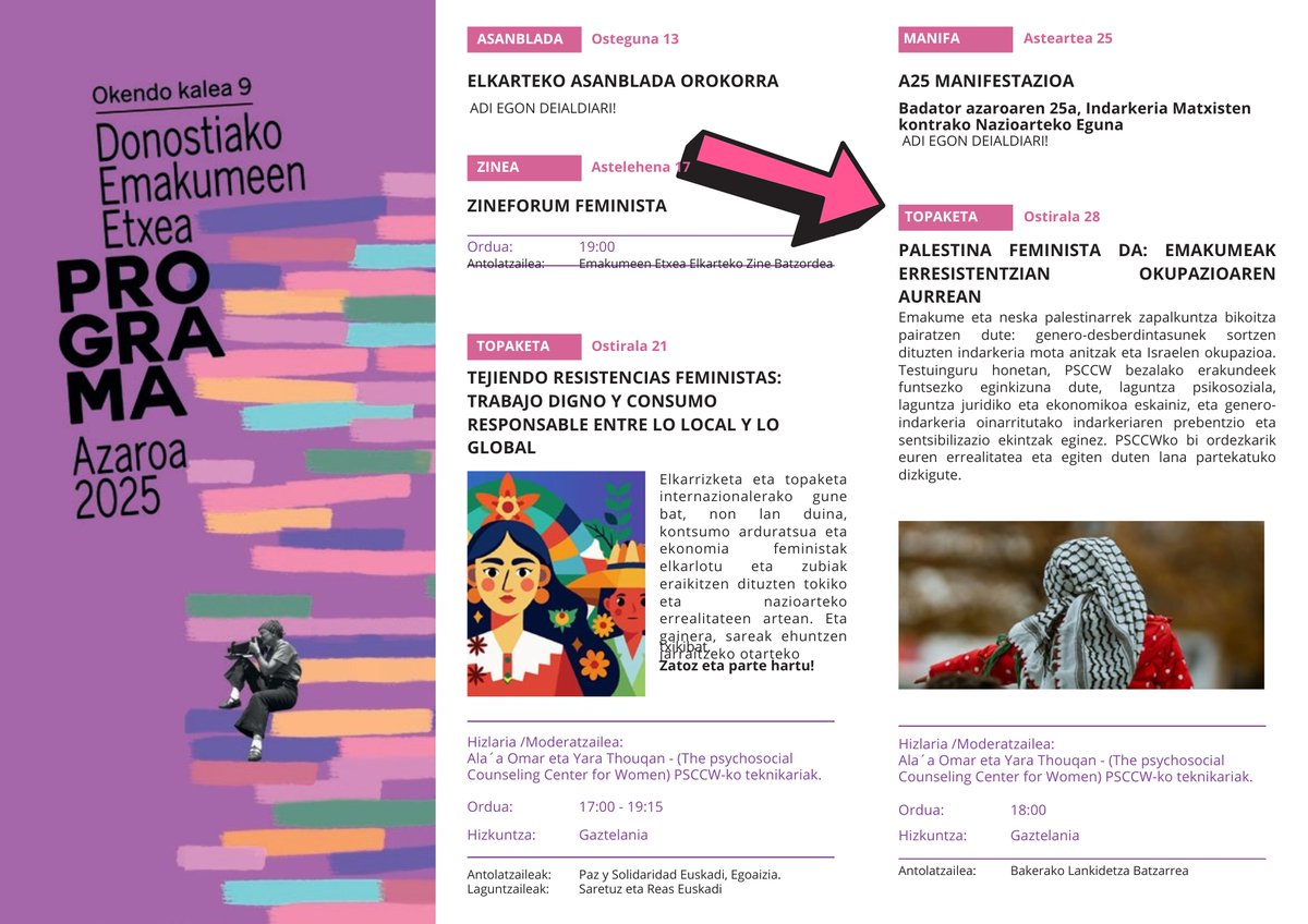 🟣TOPAKETA - Palestina feminista da: emakumeak
erresistentzian okupazioaren aurrean.
🗓️ BIHAR, ostirala 28
⏰ 18:00
📍Emakumeen Etxean (Okendo, 9)
➜ Antolatzailea: Bakerako Lankidetza Batzarrea