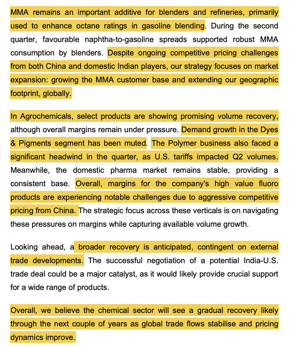 #AartiIndustries 
Company continues to face pressure across certain chemical chemistries due to aggressive Chinese pricing and US trade-related headwinds. 

However, management expects these challenges to gradually ease as global trade stabilises, while the company remains