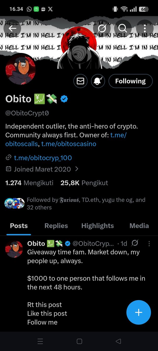 insaputraa's tweet photo. @obitocrypto I've been following for a long time, hopefully this time it's my turn for good fortune. 
And keep up the spirit for us, when the market goes down 😇 https://t.co/MGlShtra5i