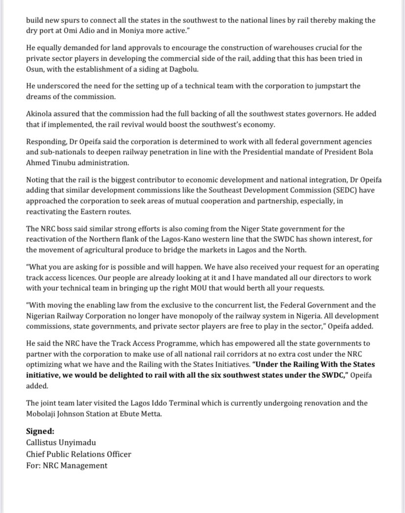 info_NRC's tweet image. NRC, SOUTH WEST DEVELOPMENT COMMISSION (SWDC) TO REVIVE RAIL CONNECTIVITY IN SOUTHWEST OF NIGERIA