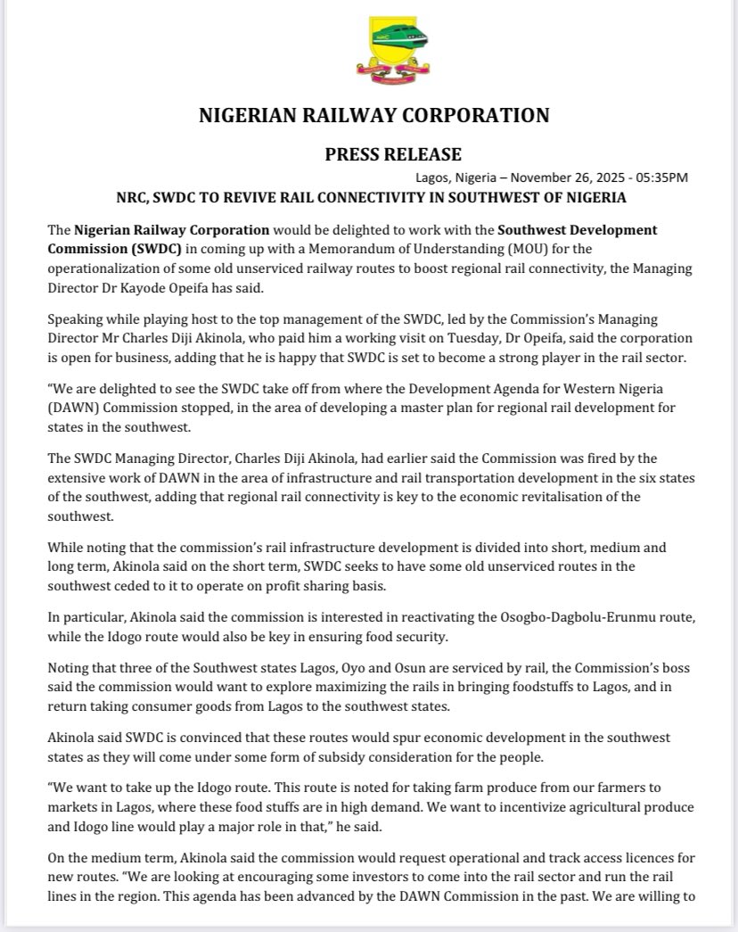 info_NRC's tweet image. NRC, SOUTH WEST DEVELOPMENT COMMISSION (SWDC) TO REVIVE RAIL CONNECTIVITY IN SOUTHWEST OF NIGERIA