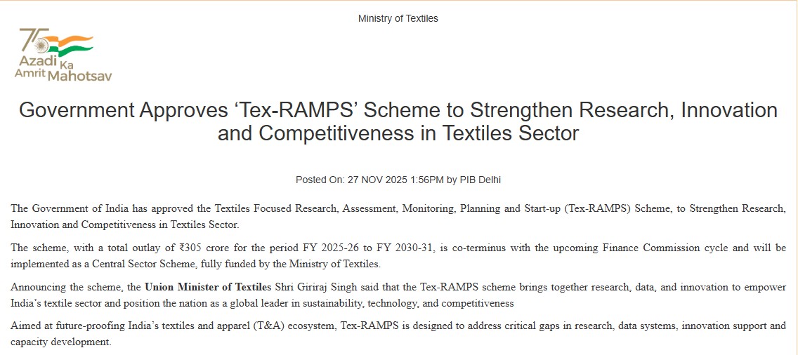 PIBTextiles's tweet image. Government Approves ‘Tex-RAMPS’ Scheme to Strengthen Research, Innovation and Competitiveness in Textiles Sector
 
Read more: pib.gov.in/PressReleasePa… 

@PIB_India @TexMinIndia
