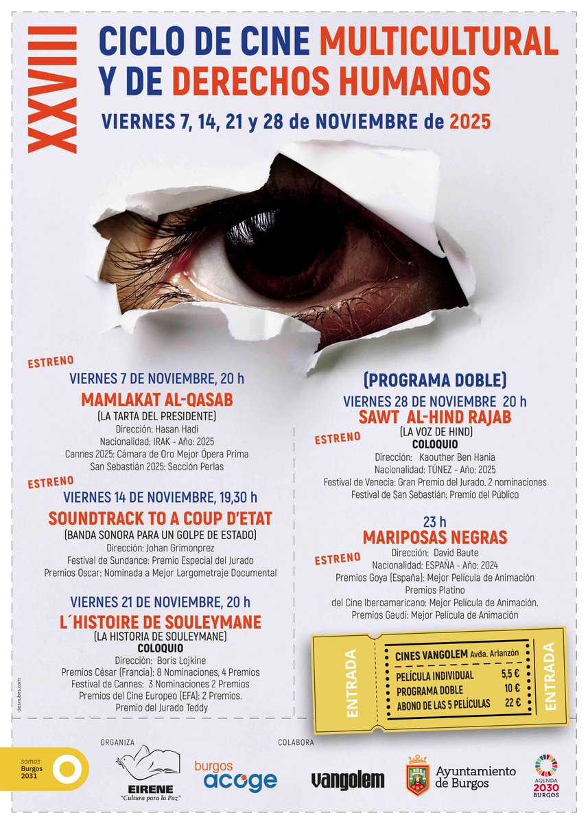 📽️ Gran cierre del XXVIII Ciclo de Cine Multicultural y de DDHH: este viernes con programa doble 🎬
 
🗓️ 28 de noviembre · Desde las 20:00h
 📍Cines <a href="/GolemBurgos/">Van Golem Arlanzón</a> 

🎞️ Última sesión + votación del público 🗳️
¡Ven a celebrar el poder del cine!