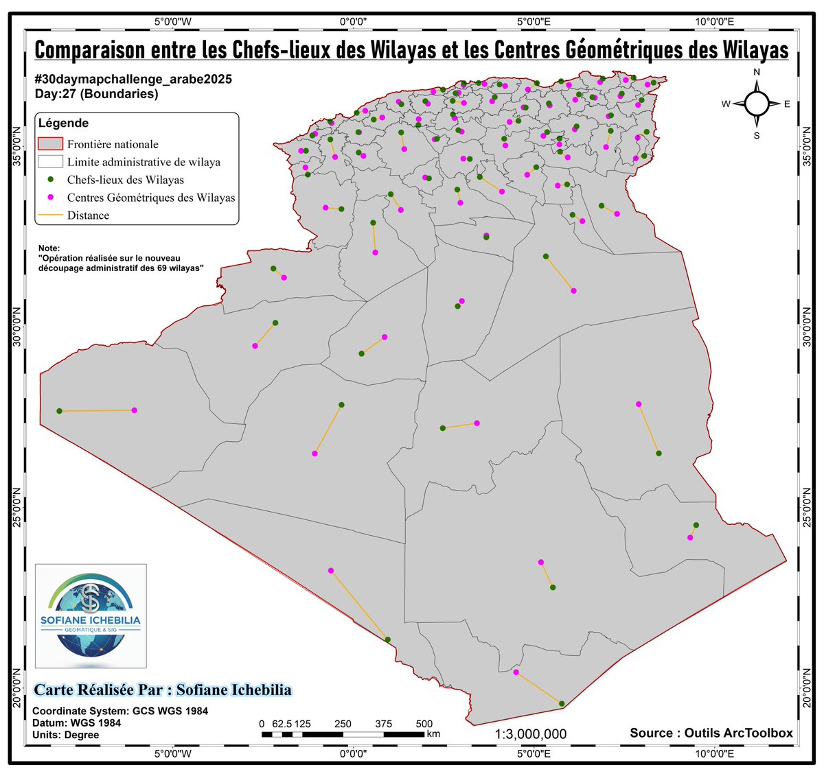 #30daymapchallenge
#30daymapchallenge2025
#30daymapchallenge_arabe2025
Day:27 (Boundaries)
Comparaison entre les Chefs-lieux des Wilayas et les Centres Géométriques des Wilayas.
Note:
"Opération réalisée sur le nouveau découpage administratif des 69 wilayas"
