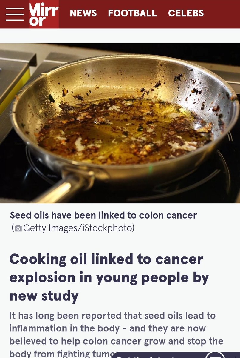 Ingredients within cooking oils accelerates Cancer. 

mirror.co.uk/news/health/co…

dailymail.co.uk/health/article…

futura-sciences.com/en/cancer-rese…

theconversation.com/fat-in-common-…