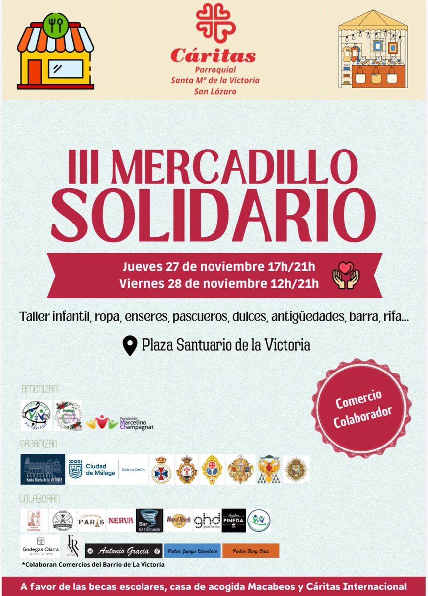 ❤️‍🔥 MERCADILLO SOLIDARIO

📆 27 y 28 de noviembre 
📍Plaza del Santuario
🕒 Jueves de 17:00 a 21:00 y viernes de 12:00 a 21:00

🙌🏼 ¡Te esperamos!

#CofradiasMLG