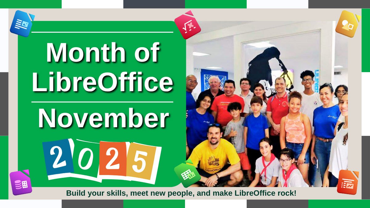 LibreOffice's tweet image. Still a few days to go in the Month of LibreOffice, November 2025! Tell us why you use #LibreOffice (with the hashtag) and we&apos;ll add you to this page, so you can claim a sticker pack at the end: wiki.documentfoundation.org/Badges/2025-11