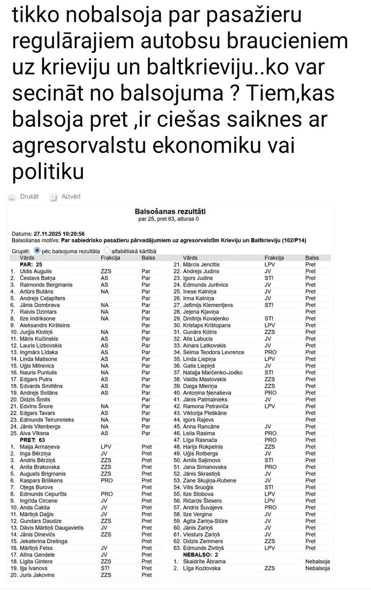Saeimas balsojums apturēt regularo autobusu satiksmi uz Krieviju un Baltkrieviju. 
Paši balso par satiksmi ar agresorvalsti, bet  medijos un Doma laukumā bļaustas, ka "kremlini" esot NA... 
Kurš jums
<a href="/Jauna_Vienotiba/">JAUNĀ VIENOTĪBA</a>  un 
<a href="/Progresivie/">Progresīvie</a> vairs ticēs? 
JŪS ESIET PARASTI LIEKUĻI.