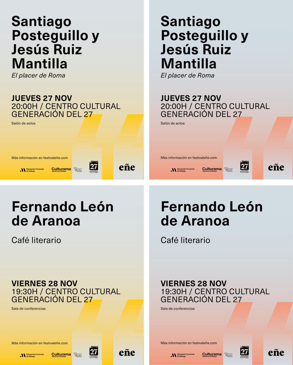 Arranca hoy el Festival eñe y empieza cargado de actividades en Málaga. Aquí os las dejamos para que no os perdáis ninguna ;)

Consulta toda la  información del Festival, aquí:  festivaleñe.com

<a href="/diputacionMLG/">Diputación de Málaga</a>
<a href="/CulturaMVA/">Centro Cultural MVA</a>