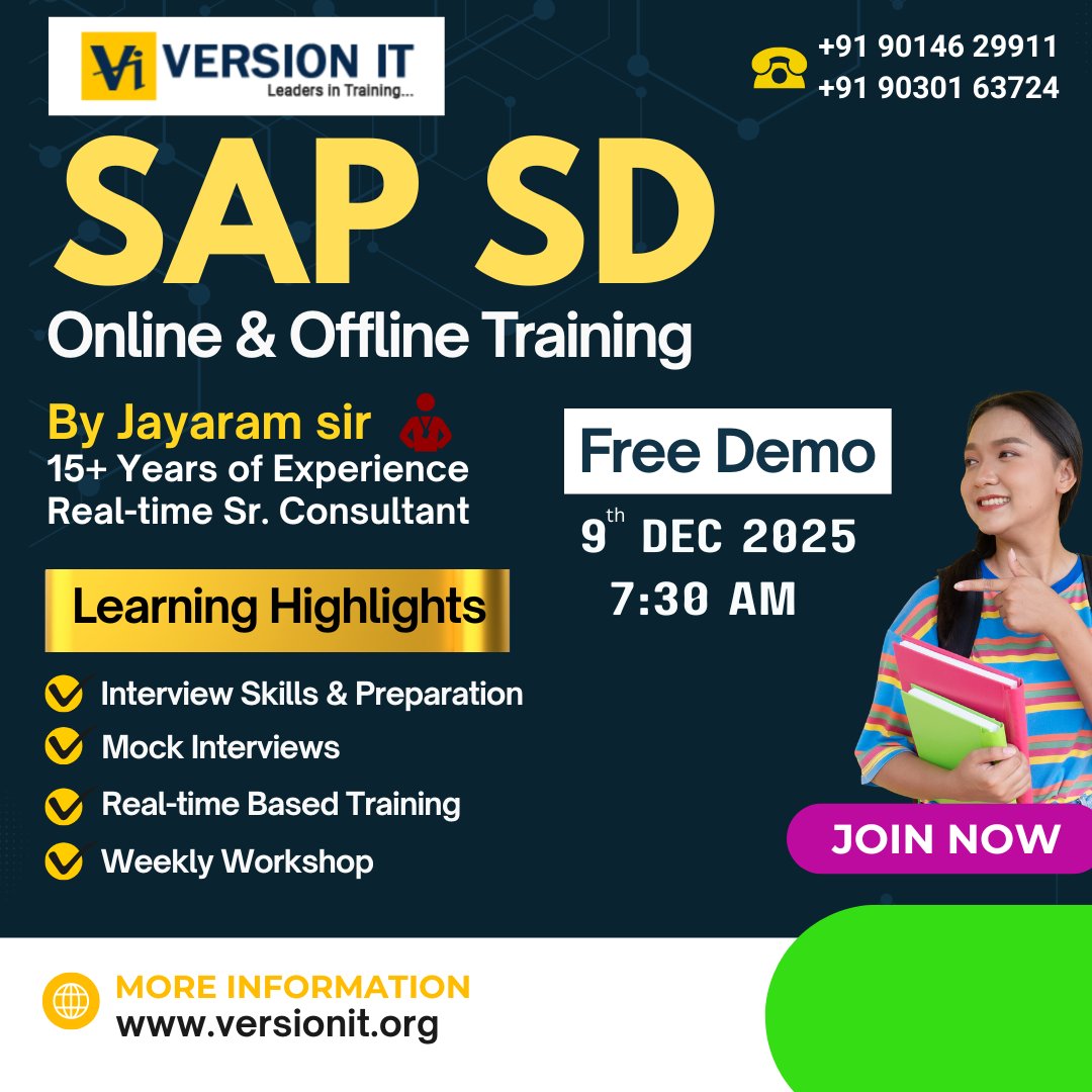 PVersionit's tweet image. 🚀 Kickstart your SAP Career with SAP SD Training!

📅 Demo: 9th Dec
⏰ 7:30 AM
💻 Online/Offline
Master Sales, Billing, Pricing &amp;amp; Real-Time Scenarios.
Limited seats — Join Version IT!
📞 9030163724 | 9014629911
#SAPSD #SAPTraining #Hyderabad