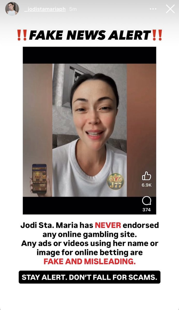 ‼️FAKE NEWS ALERT ‼️

Ms. Jodi Sta. Maria is not affiliated with any online gambling site. Any content claiming otherwise is fabricated. 🙅🏻‍♀️🚫

#JodiStaMaria #JodiStaMariaPH