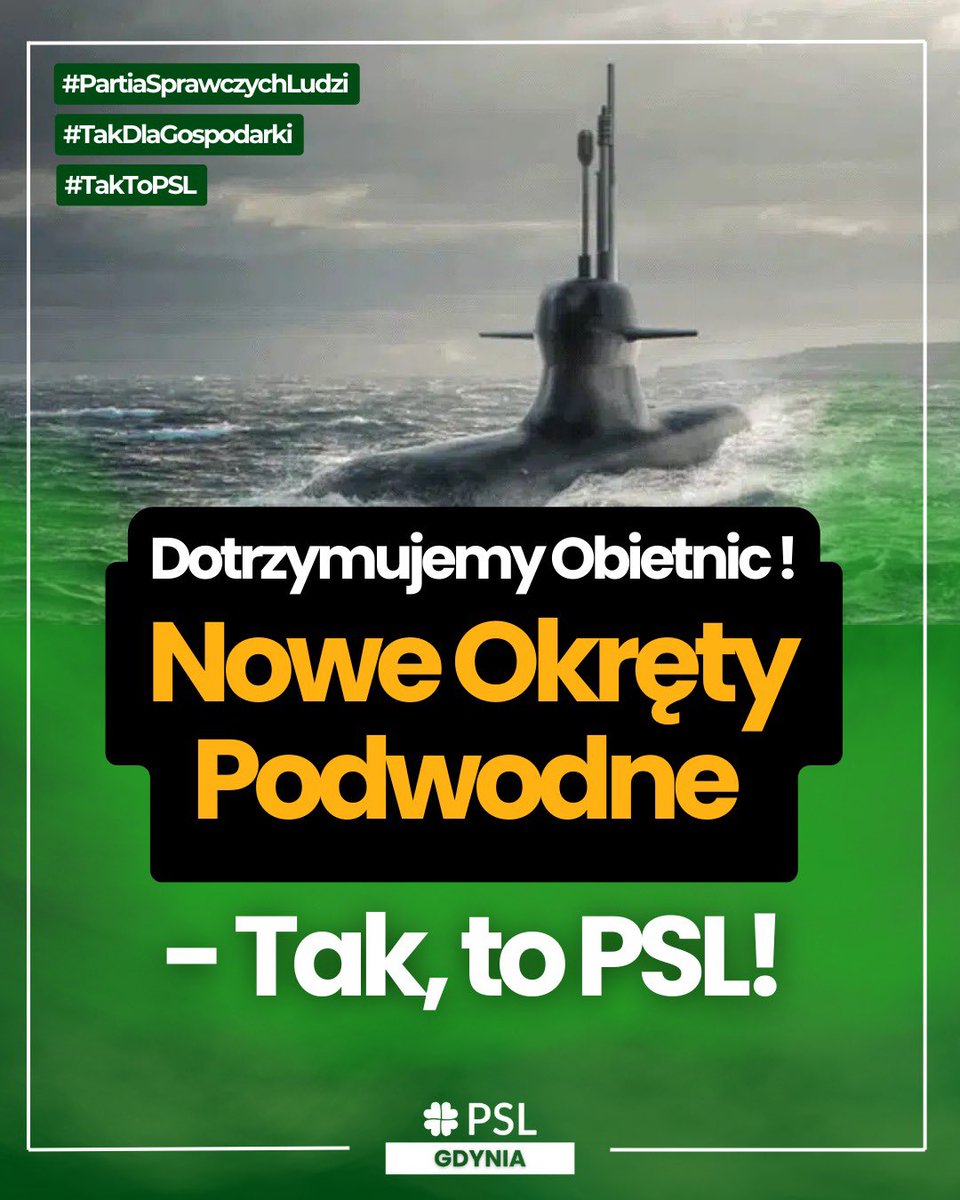 Mimo że wielu wątpiło. 
Mimo że wielu się śmiało. 
Mimo że wielu trzymało kciuki, żeby się nie udało.

Jest decyzja. 
Jest w terminie.
Robota jest zrobiona.

Będą nowe okręty podwodne.

Dotrzymujemy obietnic! 
Tak, to PSL!

<a href="/nowePSL/">🍀 PSL</a> 
<a href="/KosiniakKamysz/">Władysław Kosiniak-Kamysz</a> 
<a href="/PZgorzelskiP/">Piotr Zgorzelski</a> 

#TakToPSL