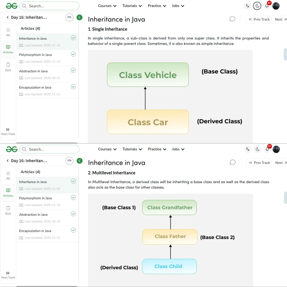amanhaidry's tweet image. #Java from @geeksforgeeks 🚀
✅Inheritance
 → Single
 → Multilevel
 → Hierarchial
 → Multiple (Through Interface)
 → Hybrid
✅Polymorphism
 → Compile Time (Method Overloading)
 → Run Time (Method Overriding)
✅Abstraction
✅Encapsulation

#365DaysOfCode  #GeeksforGeeks