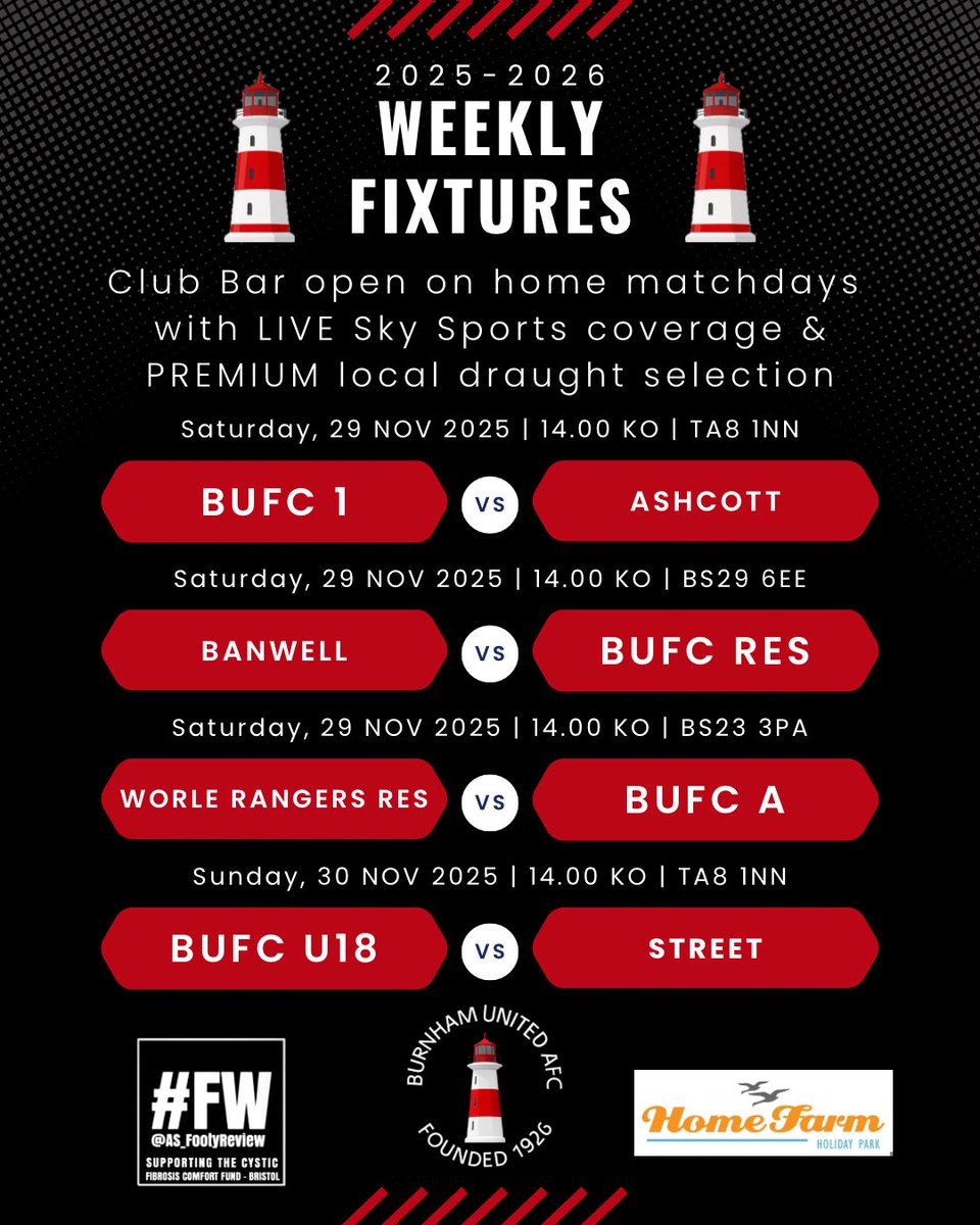BurnhamUnited's tweet image. FIXTURES: Just the 4 frosty fixtures this weekend 🔴

1️⃣s host a strong Ashcott
®️s hope to play more than 45 mins
🅰️s go to that dodgy waterlogged pitch
🔞s look to continue their unbeaten league start

#Seasiders | #FW | Home Farm Holiday Park