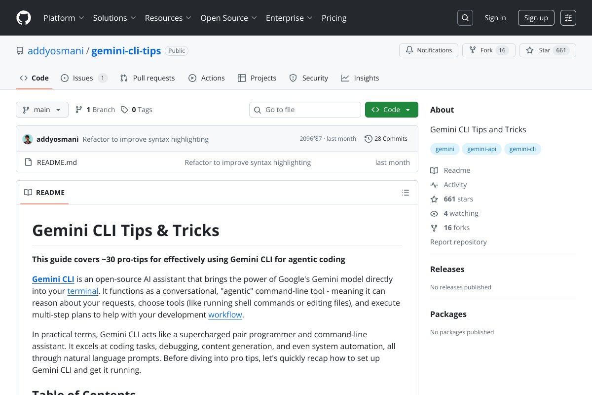 being_mudit's tweet image. Your terminal can think now. addyosmani’s gemini-cli-tips shows 30 smart tricks for Gemini CLI, from undo with checkpoints to custom commands, memory, tool building, and headless runs. Great for developers and tinkerers who live in the shell.