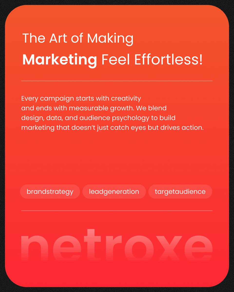Netroxe's tweet image. Great marketing feels effortless - because it’s built on strategy, creativity, and smart execution. 

We help brands grow with clarity and confidence. 

🌐 netroxe.com
📩 mail@netroxe.com

#Netroxe #ITSolution #DigitalMarketing #BrandStrategy #LeadGeneration]