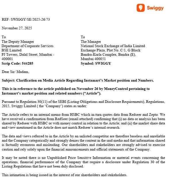 AditiS90's tweet image. 🚨Swiggy vs Zepto: Part 2 🥊

Swiggy has informed the exchanges that the Redseer data cited in an HSBC report — which claimed Swiggy had lost market share — does not match Redseer’s internal research.

“The data and views referred to in the article by an unlisted competitor are…