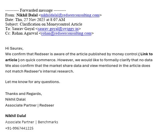 AditiS90's tweet image. 🚨Swiggy vs Zepto: Part 2 🥊

Swiggy has informed the exchanges that the Redseer data cited in an HSBC report — which claimed Swiggy had lost market share — does not match Redseer’s internal research.

“The data and views referred to in the article by an unlisted competitor are…