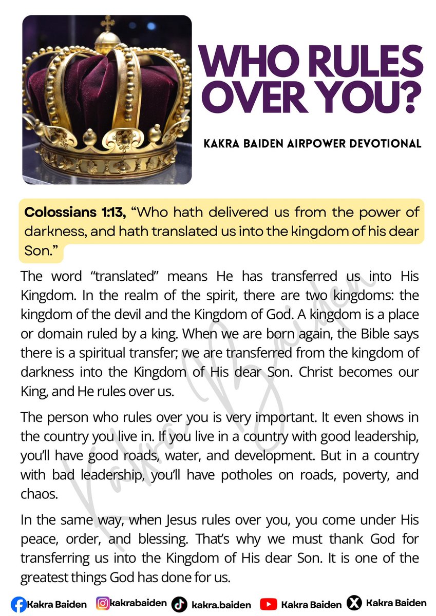 ProphetKakraB's tweet image. WHO RULES OVER YOU?

#kakrabaiden #devotional #daily