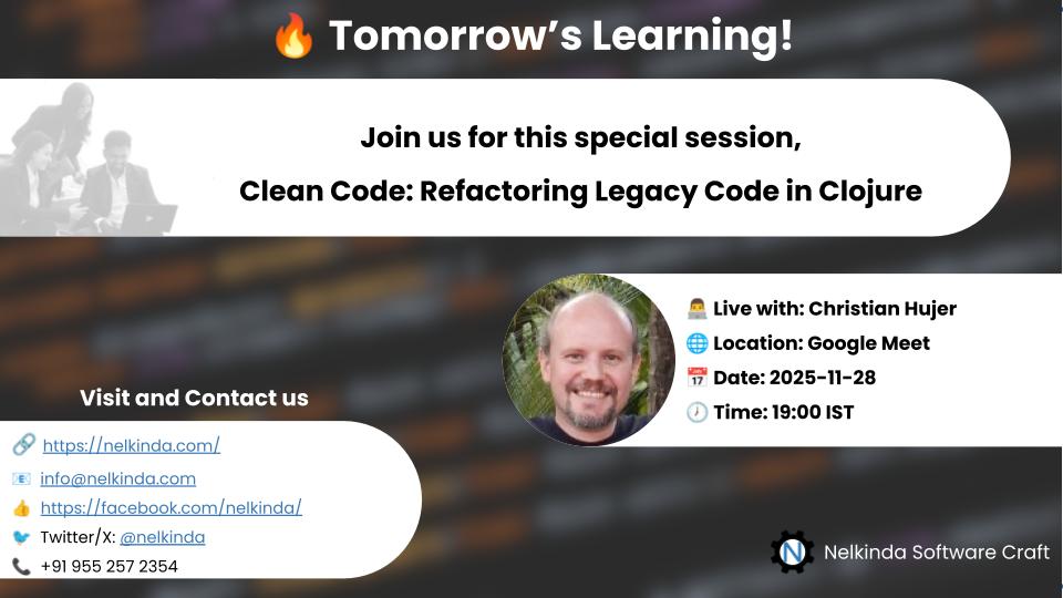 nelkinda's tweet image. 🔥 Tomorrow’s the big day!
Join @ChristianHujer for Clean Code: Refactoring Legacy Code in Clojure

🗓 28 Nov | 🕖 19:00 IST | 📍 Google Meet

🎟 Register anytime:
👉 Triffuns: triffuns.com/events/6a6b826…

👉 Meetup: meetup.com/meetup-group-n…

#CleanCode #Clojure @nelkinda